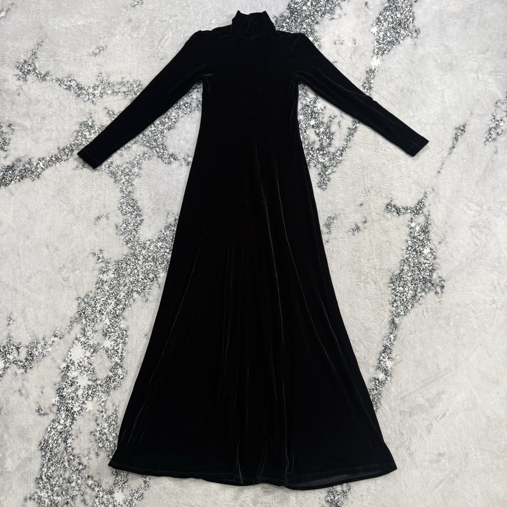 BCBG Black Velvet Maxi Dress Womens S Long Sleeve Mock High Neck Made USA Maxi